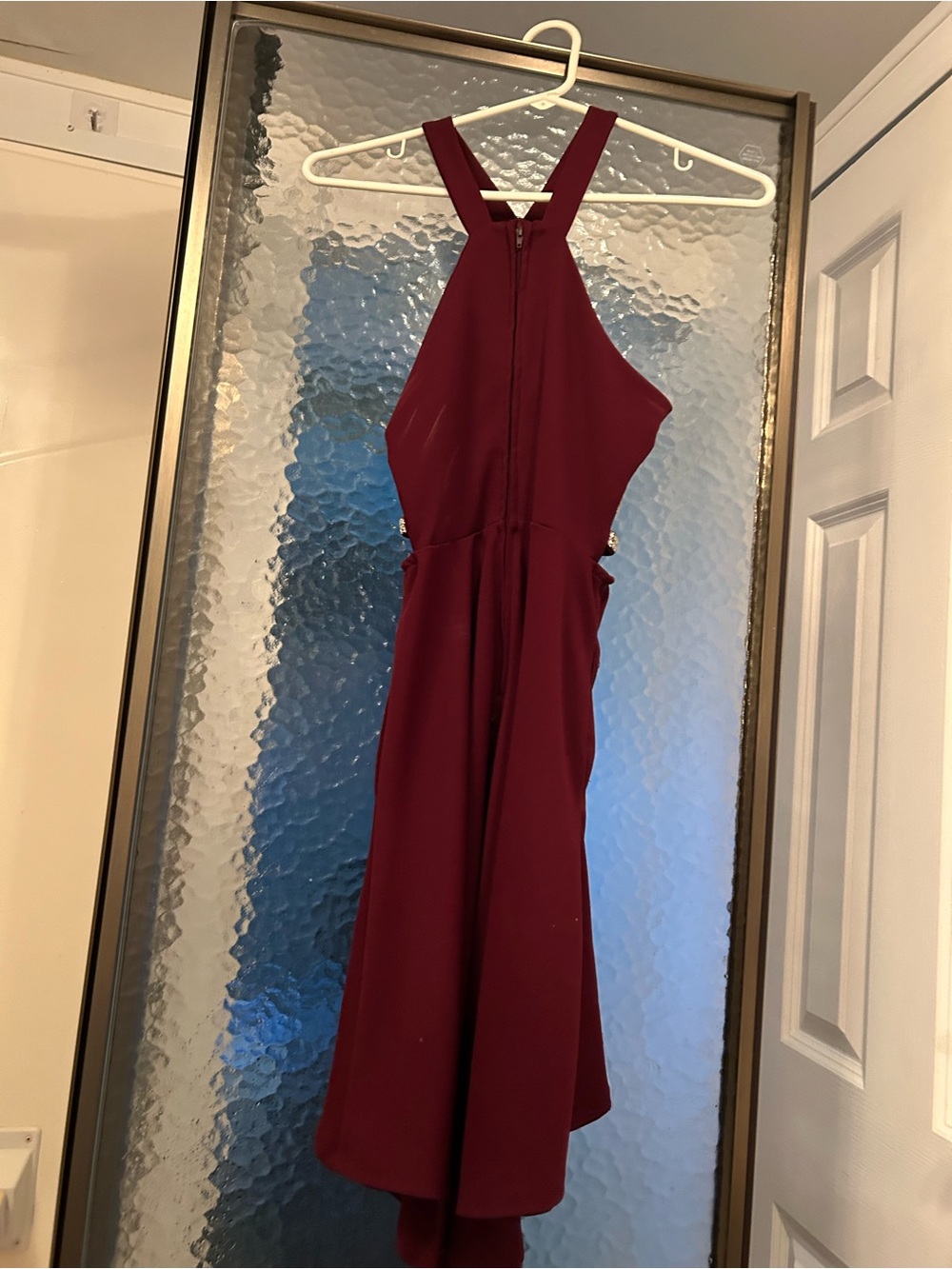 Women's Burgundy Halter Prom Dress with Flared Skirt